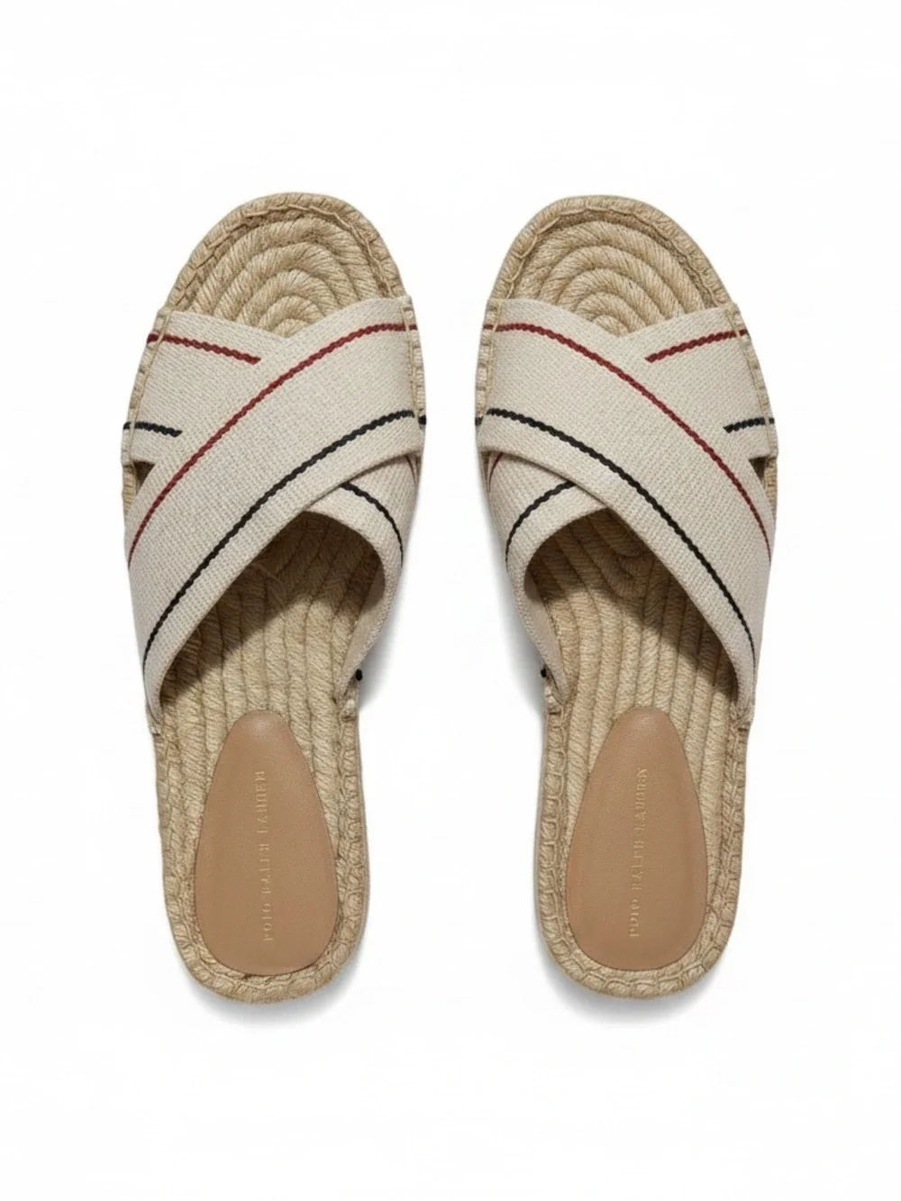 Polo by Ralph Lauren Cream Espadrille Slide Sandals with Red and Navy Stripes